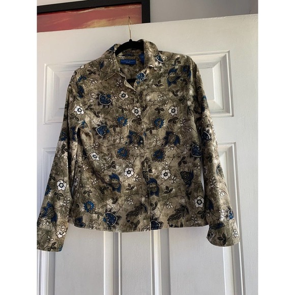 Karen Scott Sport Long Sleeve Floral Print Button-Up Top - Green Blue Size Small - Picture 2 of 8